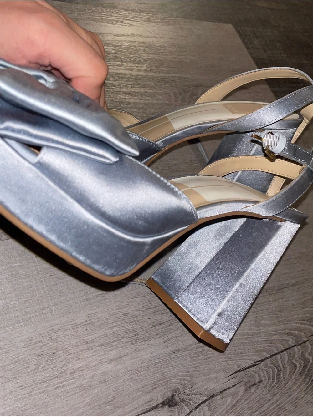 Dolce Vita Women’s Light Blue Satin Platform Sandal with Ankle Strap Bows
